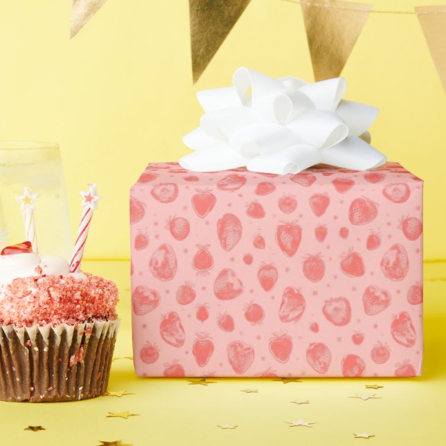 whimsical strawberry pattern on pink wrapping paper (Birthday Party)
