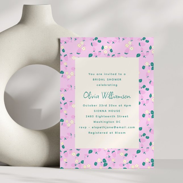 Whimsical Strawberry Pink Green Cute Bridal Shower Invitation (Creator Uploaded)