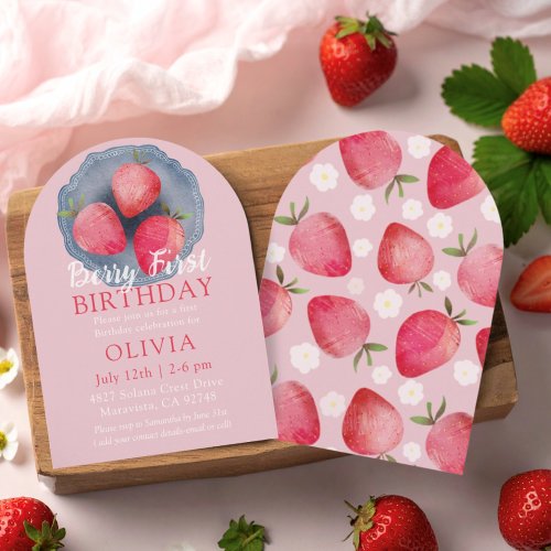 Whimsical Strawberry Red & Pink 1st Birthday  Invi