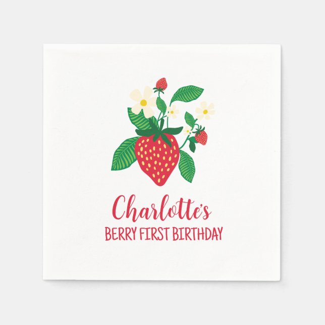 Whimsical Strawberry with Floral Details Napkins (Front)