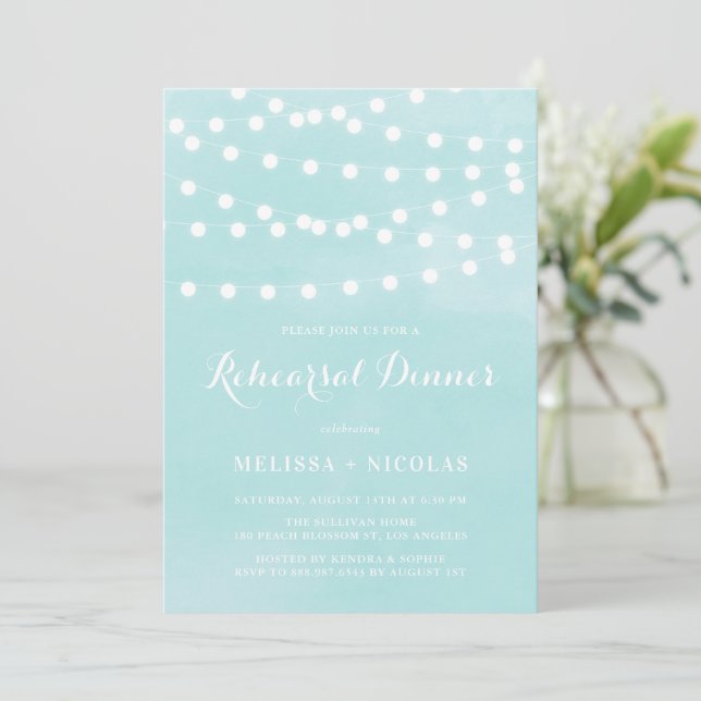 Whimsical String Lights Aqua Rehearsal Dinner Invitation (Standing Front)