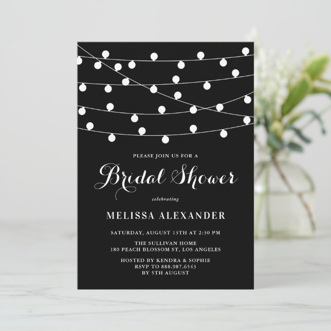 Whimsical String Lights Black Bridal Shower Invitation (Standing Front)