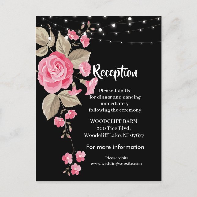 Whimsical String Lights Black reception card (Front)