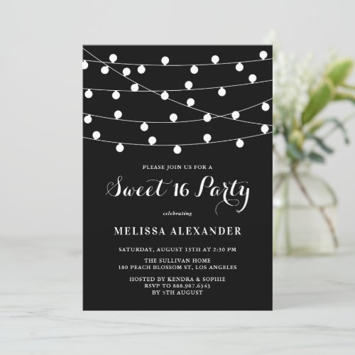 Whimsical String Lights Black Sweet 16 Party Invitation