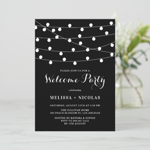 Whimsical String Lights Black Welcome Party Invitation