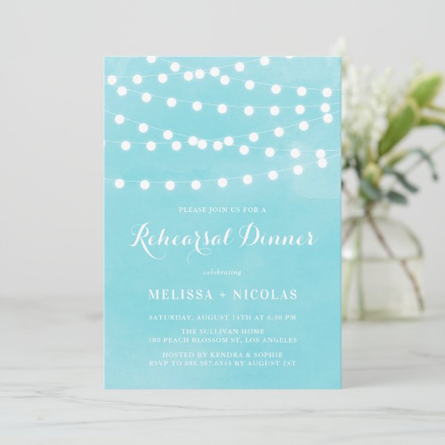 Whimsical String Lights Blue Rehearsal Dinner Invitation (Standing Front)