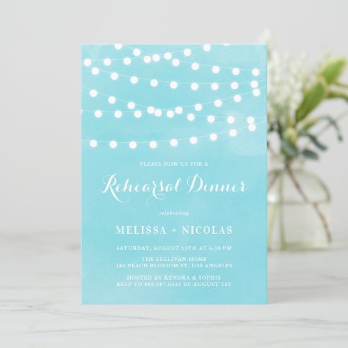 Fairy Lights Turquoise Rehearsal Dinner Invitation