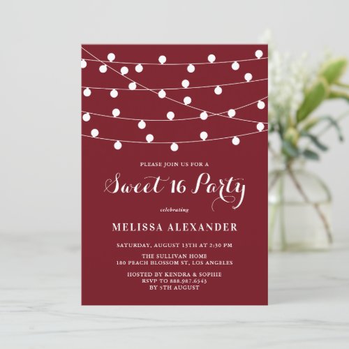 Whimsical String Lights Burgundy Sweet 16 Party Invitation