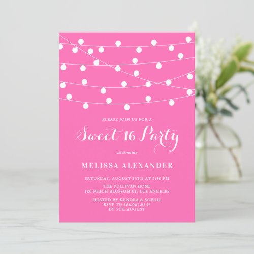 Whimsical String Lights Hot Pink Sweet 16 Party Invitation