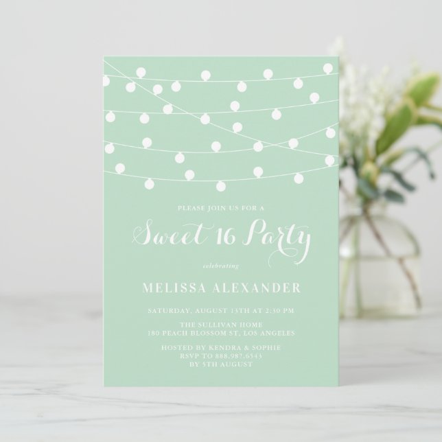 Whimsical String Lights Mint Green Sweet 16 Party Invitation (Standing Front)