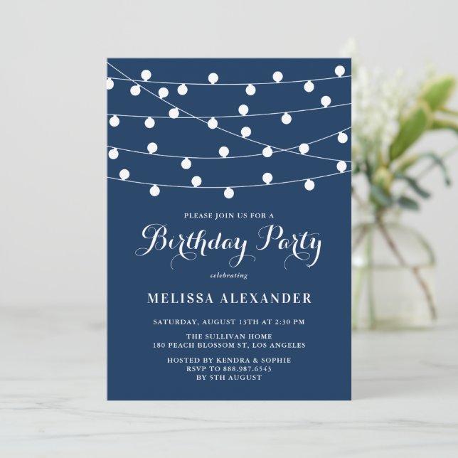 Whimsical String Lights Navy Blue Birthday Party Invitation (Standing Front)