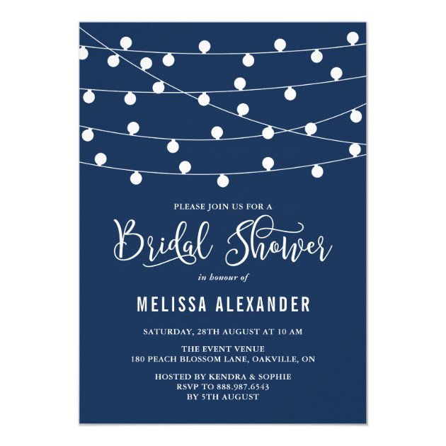 Whimsical String Lights Navy Blue Bridal Shower Invitation