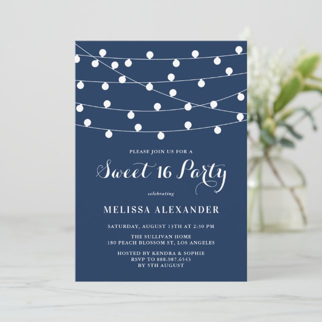 Whimsical String Lights Navy Blue Sweet 16 Party Invitation (Standing Front)