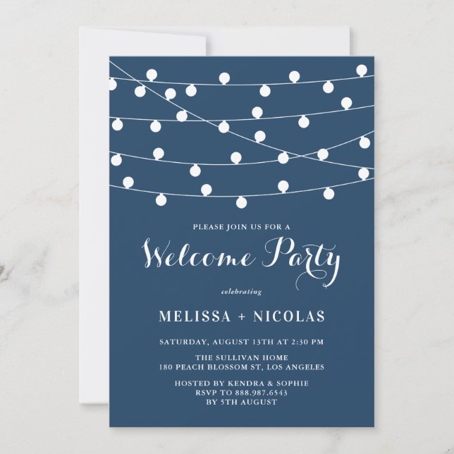 Whimsical String Lights Navy Blue Welcome Party Invitation (Front)