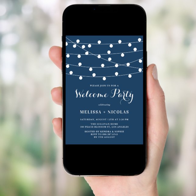 Whimsical String Lights Navy Blue Welcome Party Invitation (Front Digital)