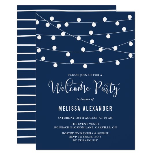 Whimsical String Lights Navy Blue Welcome Party Invitation | Zazzle.com