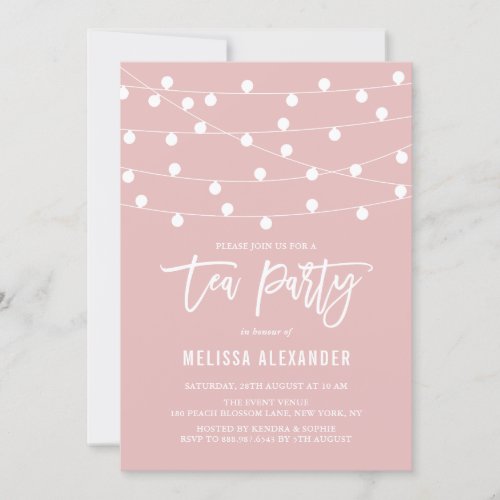 Whimsical String Lights Pink Tea Party Invitation