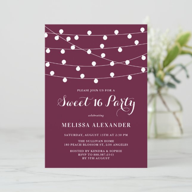Whimsical String Lights Purple Sweet 16 Party Invitation (Standing Front)