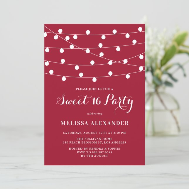 Whimsical String Lights Red Sweet 16 Party Invitation (Standing Front)