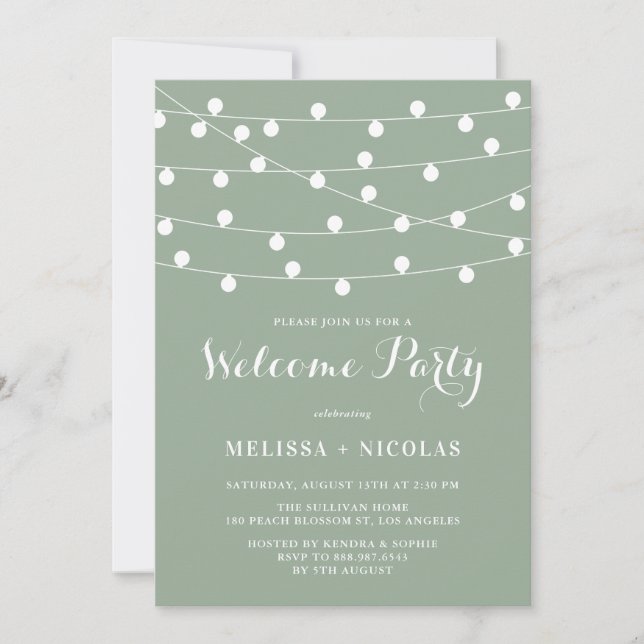 Whimsical String Lights Sage Green Welcome Party Invitation (Front)
