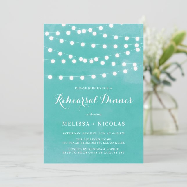 Whimsical String Lights Teal Rehearsal Dinner Invitation (Standing Front)