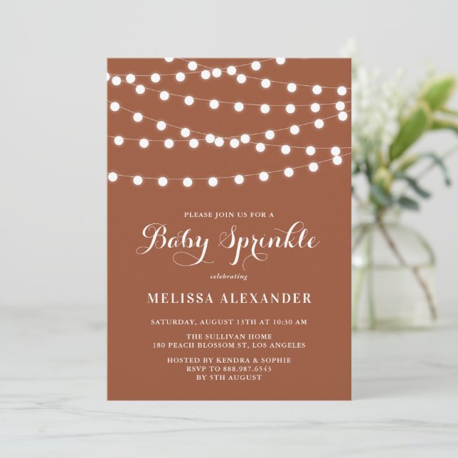 Whimsical String Lights Terracotta Baby Sprinkle Invitation (Standing Front)