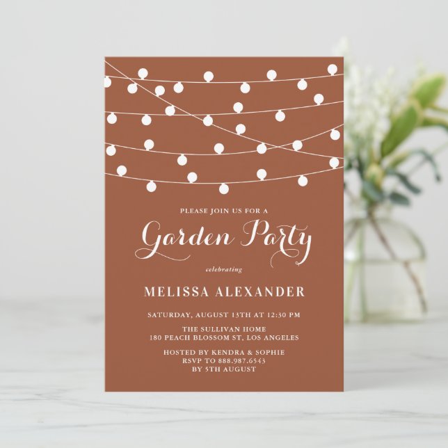 Whimsical String Lights Terracotta Garden Party Invitation (Standing Front)