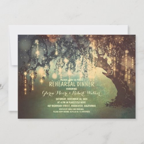 whimsical string lights tree rehearsal dinner invitation