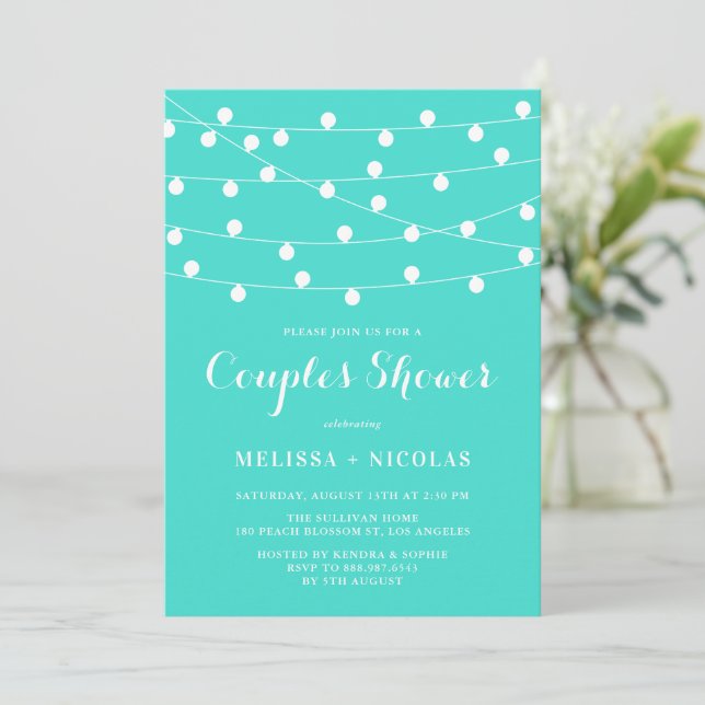 Whimsical String Lights Turquoise Couples Shower Invitation (Standing Front)