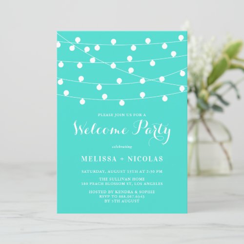 Whimsical String Lights Turquoise Welcome Party Invitation