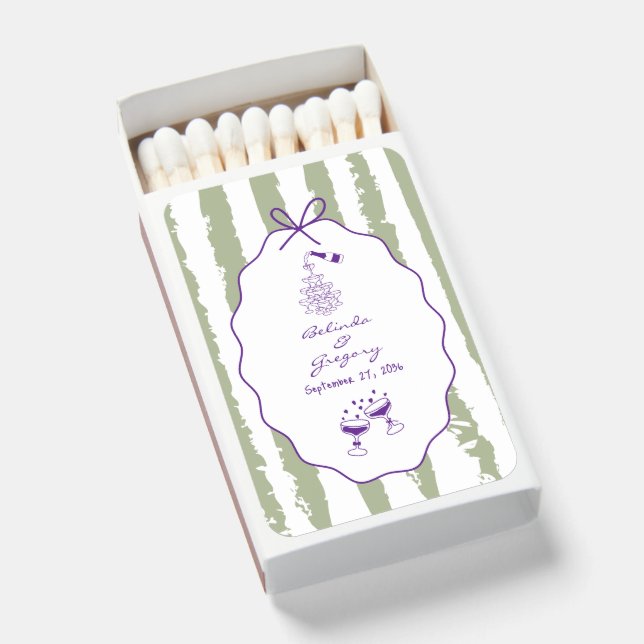 Whimsical Stripe Handwritten Painted Wedding Favor Matchboxes (Front Open)