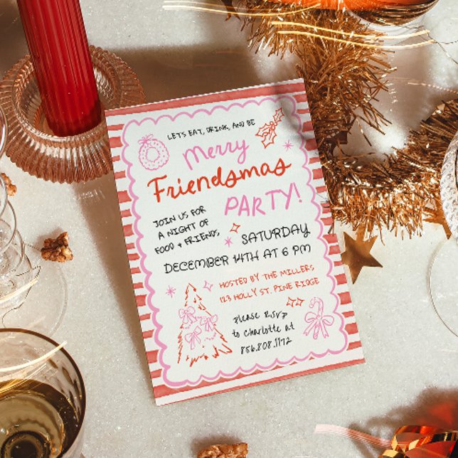 Whimsical Striped Friendsmas Christmas Party Invitation (Creator Uploaded)