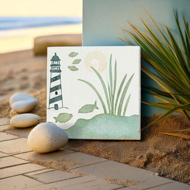 Whimsical Striped Lighthouse and Fish ID1206 Ceramic Tile (Creator Uploaded)