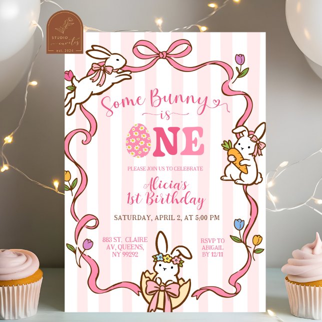Whimsical Stripes Bunny 1st birthday Invitation (Creator Uploaded)