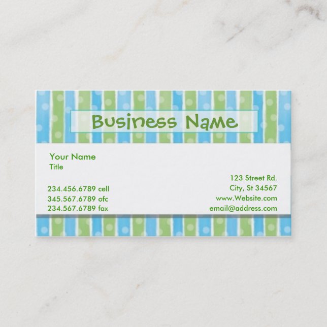 Whimsical Stripes business card blue green (Front)