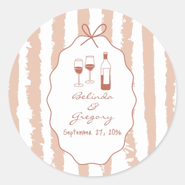 Whimsical Stripes Handwritten Painted Wedding  Classic Round Sticker (Front)