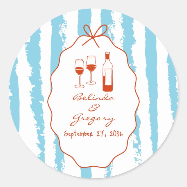 Whimsical Stripes Handwritten Painted Wedding  Classic Round Sticker (Front)