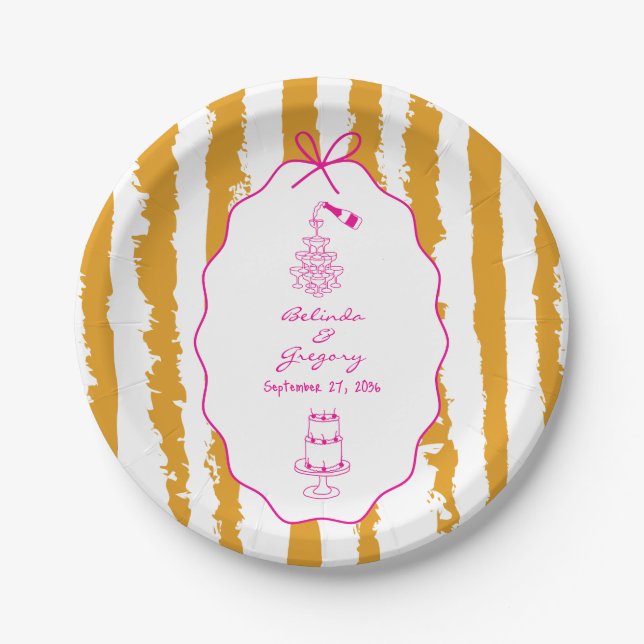 Whimsical Stripes Handwritten Painted Wedding  Paper Plates (Front)