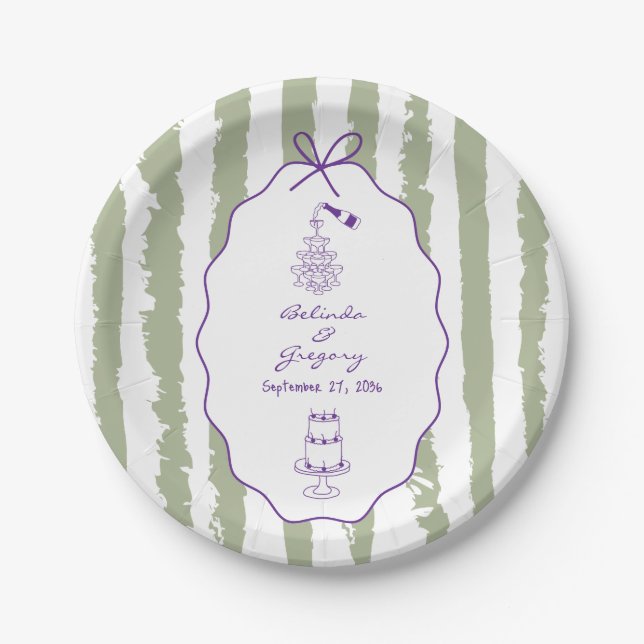 Whimsical Stripes Handwritten Painted Wedding  Paper Plates (Front)