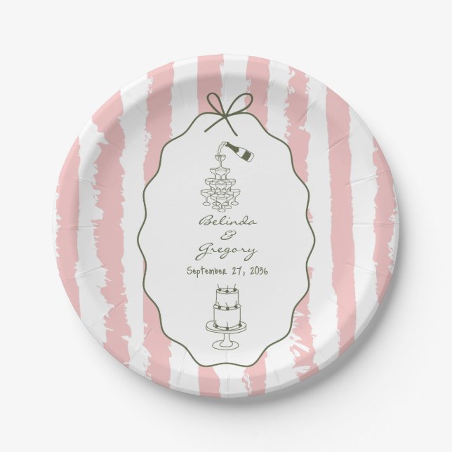 Whimsical Stripes Handwritten Painted Wedding  Paper Plates (Front)