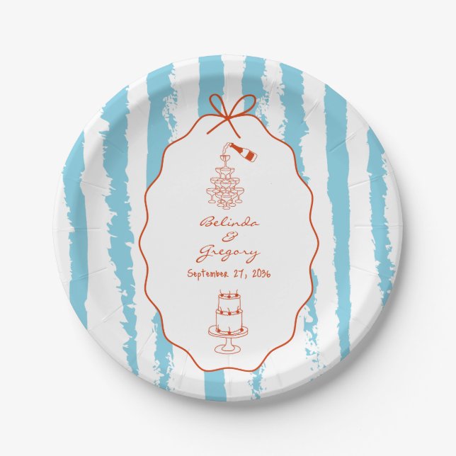 Whimsical Stripes Handwritten Painted Wedding  Paper Plates (Front)