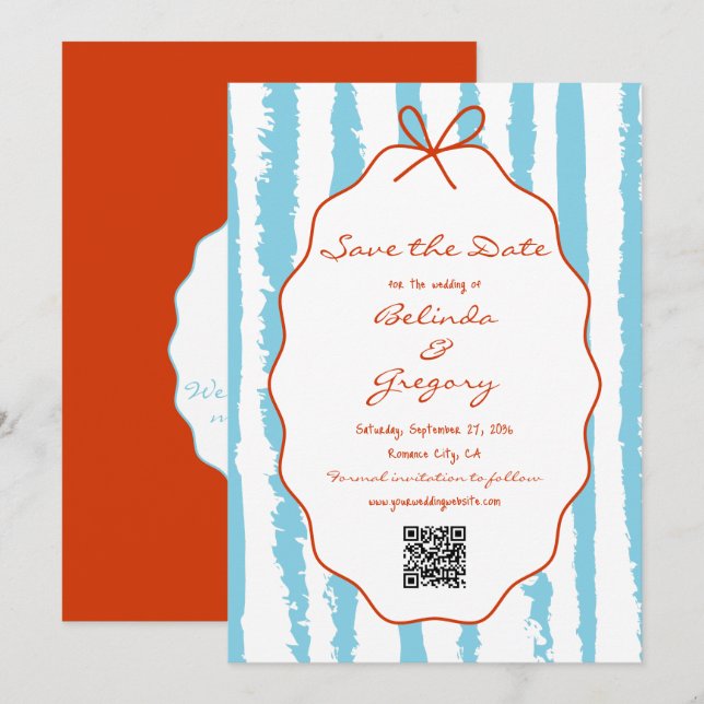 Whimsical Stripes Handwritten Painted Wedding  Save The Date (Front/Back)
