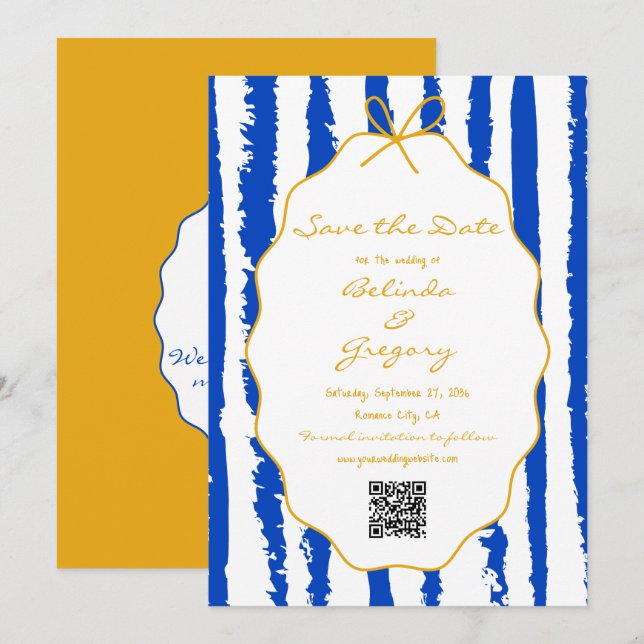 Whimsical Stripes Handwritten Painted Wedding  Save The Date (Front/Back)