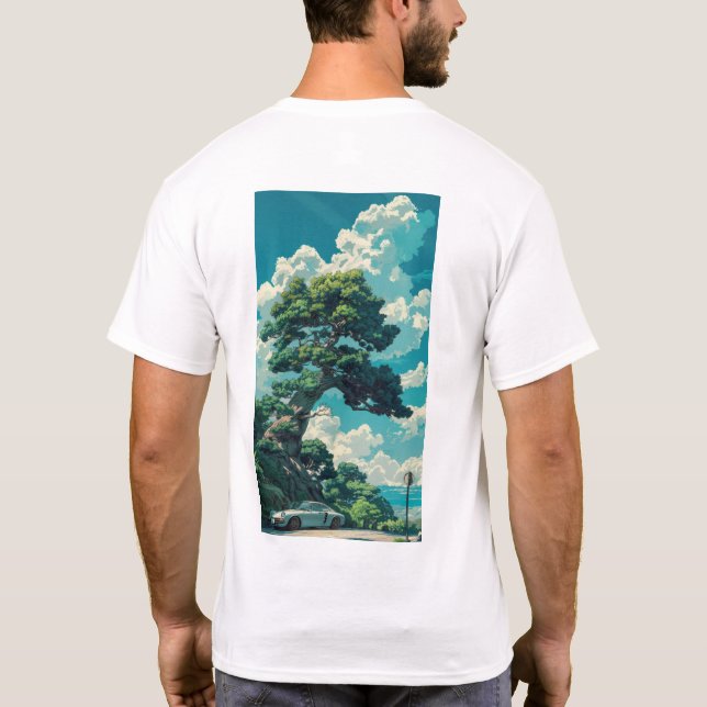 Whimsical Studio Ghibli Inspired Tree and Sparrow  T-Shirt (Back)