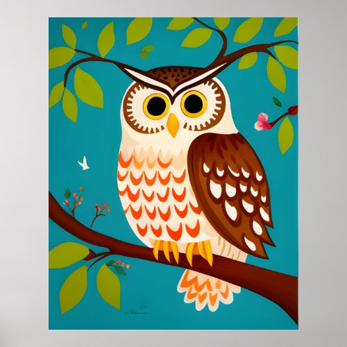 Whimsical Style Painting of an Owl On A Tree Poster