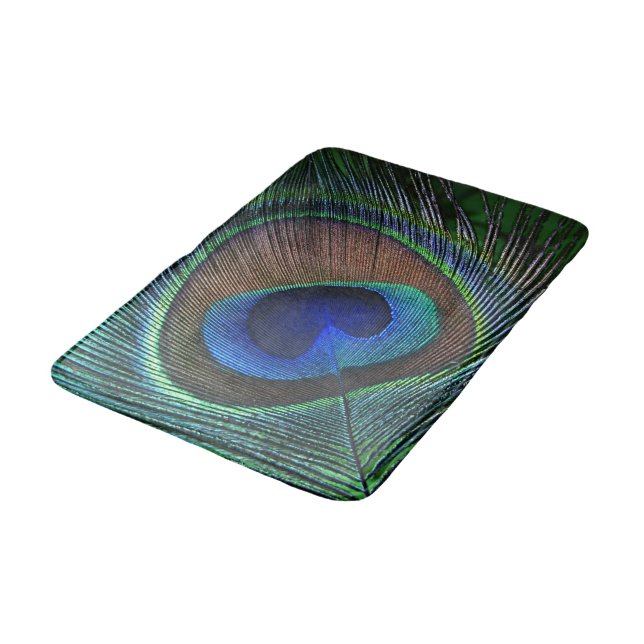 Whimsical Stylish Pretty Peacock Feather Pattern Bathroom Mat (Angled)