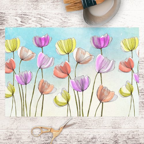 Whimsical Stylized Watercolor and Ink Flowers  Tissue Paper