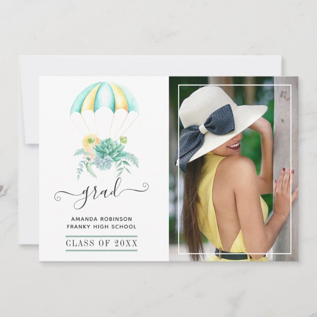 Whimsical Succulents Parachute Graduation Photo Announcement (Front)