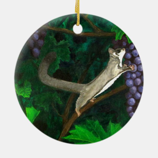 Whimsical Sugar Glider in Grape Vines Ceramic Ornament (Back)