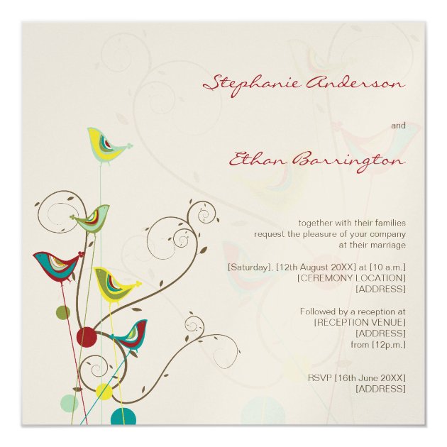 Whimsical Summer Birds And Swirls Wedding Invite
